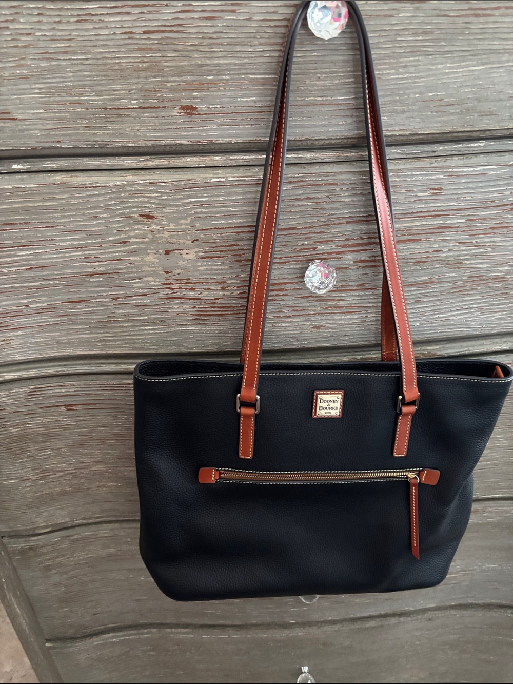 Dooney & Bourke Black Pebble Leather Tote with Brown Trim